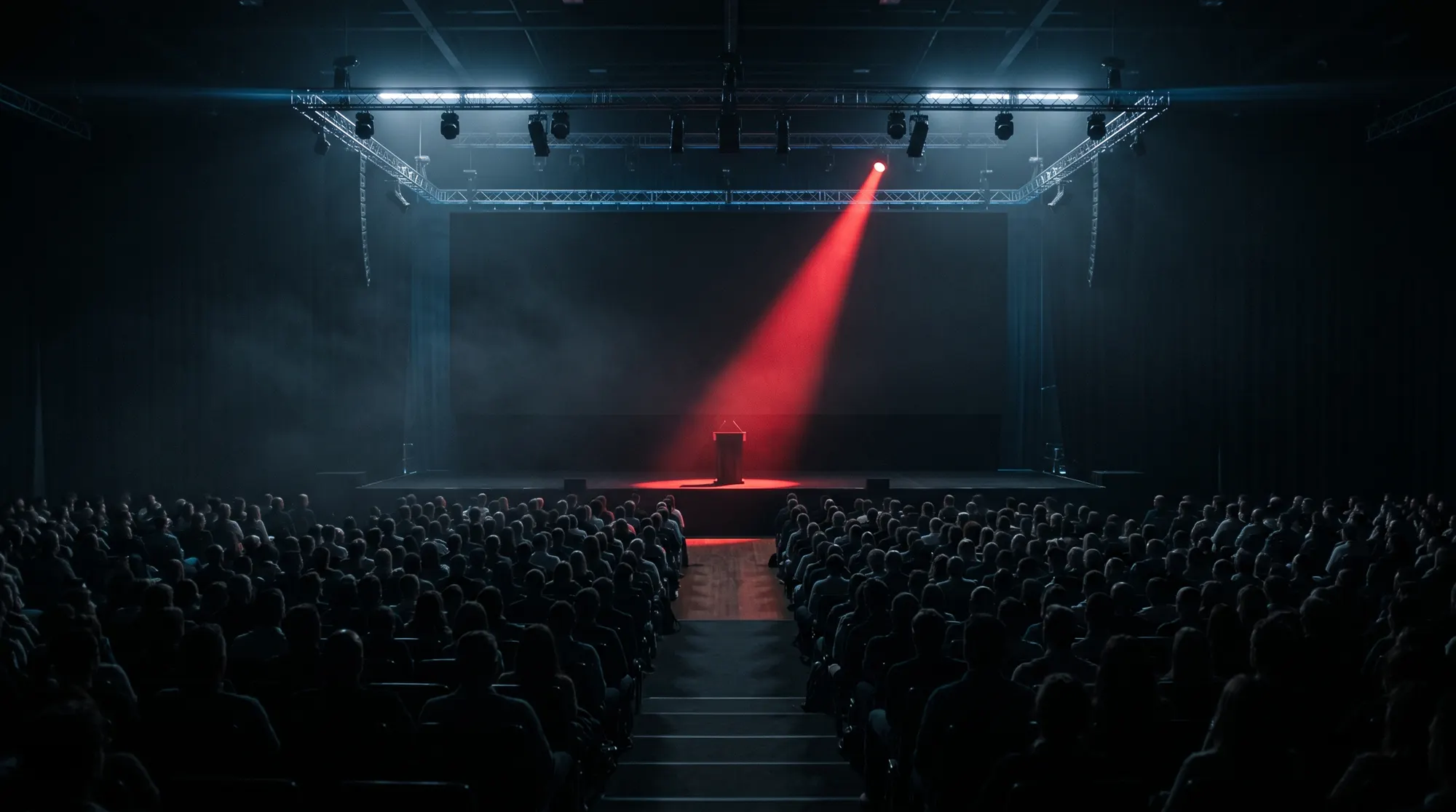 A dark conference hall with one red spotlight on an empty lectern